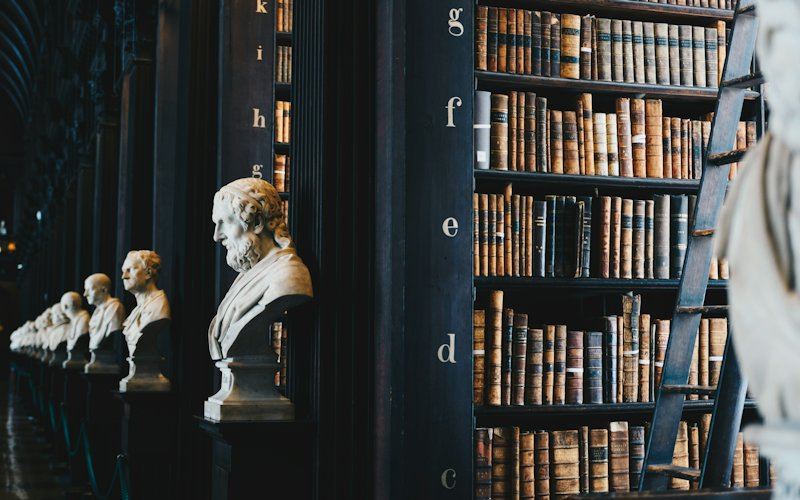Estantes de biblioteca com livros antigos e bustos